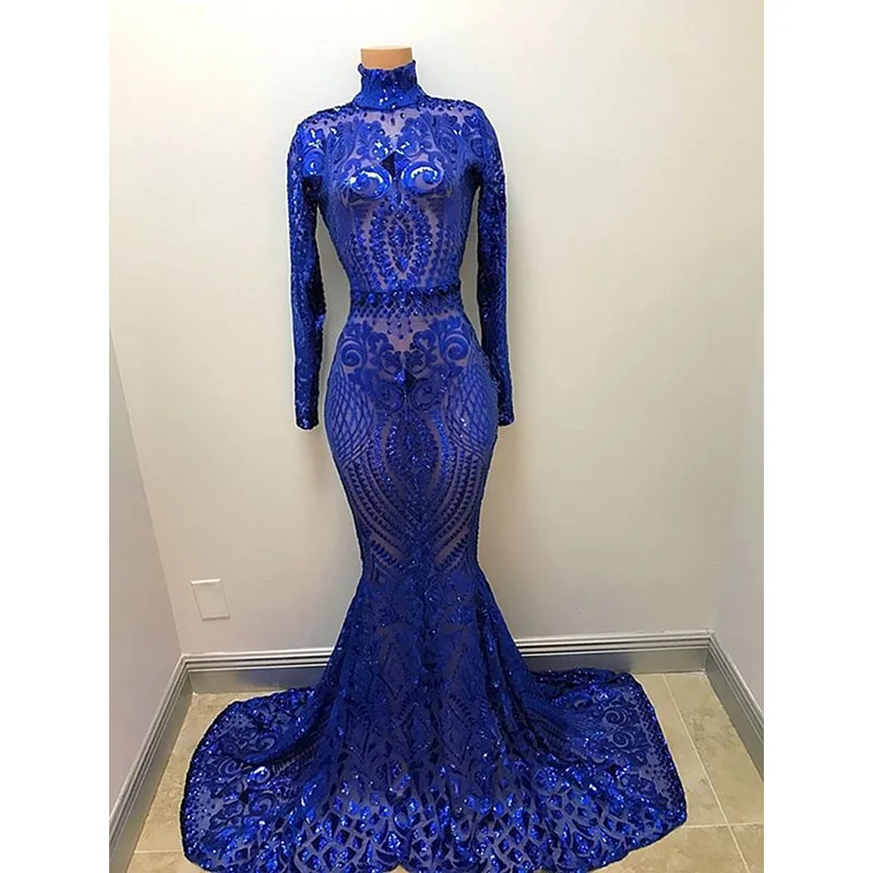 Royal Blue Mermaid Prom Dresses New Long Sleeve High Neck Sweep Strain See Through Formal Evening Dress Party Gowns
Royal Blue Mermaid Prom Dresses New Long Sleeve High Neck Sweep Strain See Through Formal Evening Dress Party Gowns