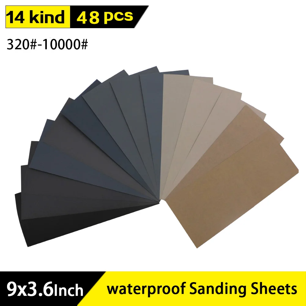 

48pcs 9"x3.6" Wet Dry Sandpaper 320 to 10000 Assorted Grits for Wood Furniture Finishing, Metal Sanding and Automotive Polishing