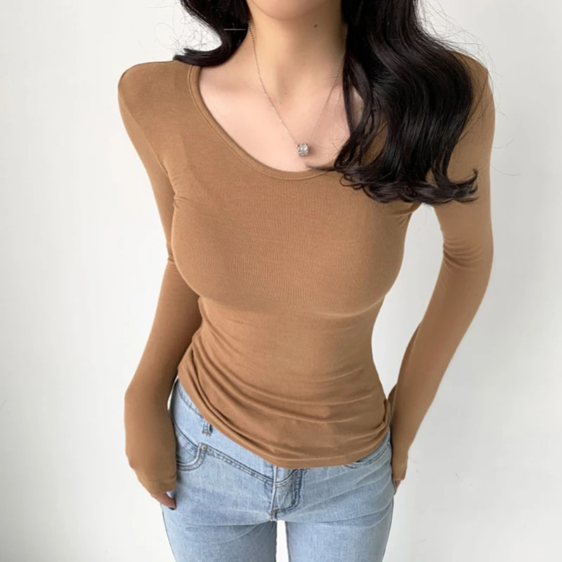 Autumn Brown Long Sleeve Women's T shirt Slim Bodycon O Neck T-shirt Cotton Korean Fashion Solid Tee Shirt Femme Tops Women 2021
Autumn Brown Long Sleeve Women's T shirt Slim Bodycon O Neck T-shirt Cotton Korean Fashion Solid Tee Shirt Femme Tops Women 2021