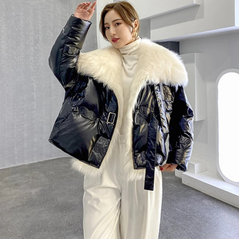 

Turn Down Parka Down Jacket Female 2021 Winter Fur Profile Fur Coat Bright Color Short Thick Warm for Women