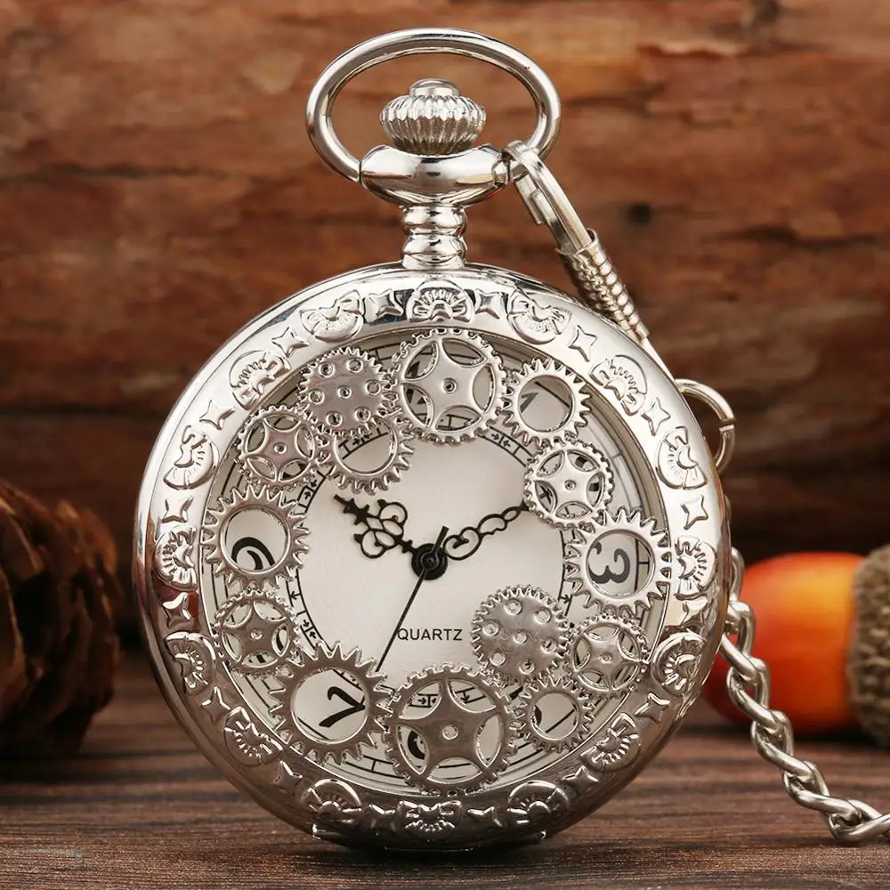 Luxury Silver Gear Hollow Quartz Pocket Watch Chain Fob Watch Arabic Numerals Display Watches Antique Clock Gifts for Men Women
Luxury Silver Gear Hollow Quartz Pocket Watch Chain Fob Watch Arabic Numerals Display Watches Antique Clock Gifts for Men Women
