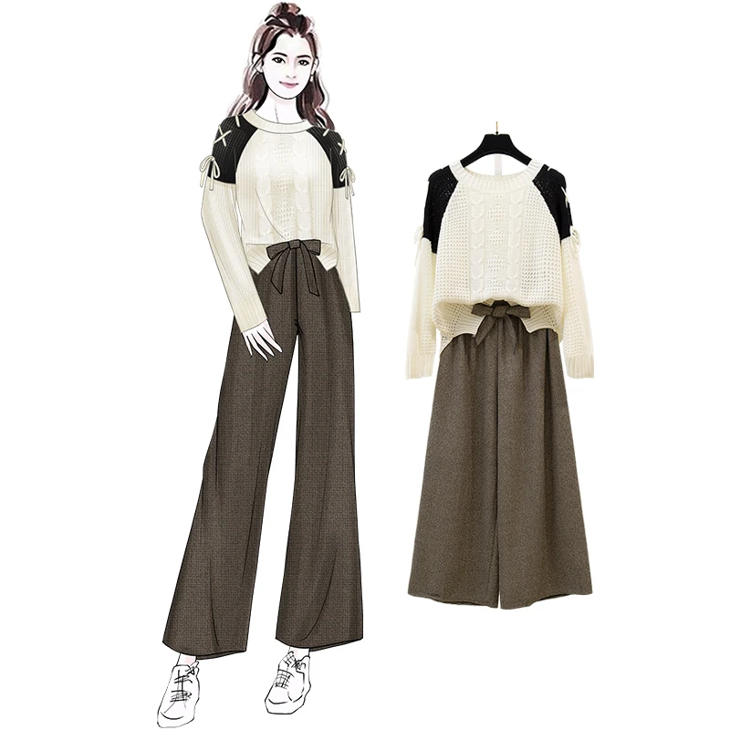 New Autumn Winter Black And White Lace Knitting Elastic Loose Pullovers Sweaters Tall Waist Wide-Legged Pants 2 Pcs Set
New Autumn Winter Black And White Lace Knitting Elastic Loose Pullovers Sweaters Tall Waist Wide-Legged Pants 2 Pcs Set