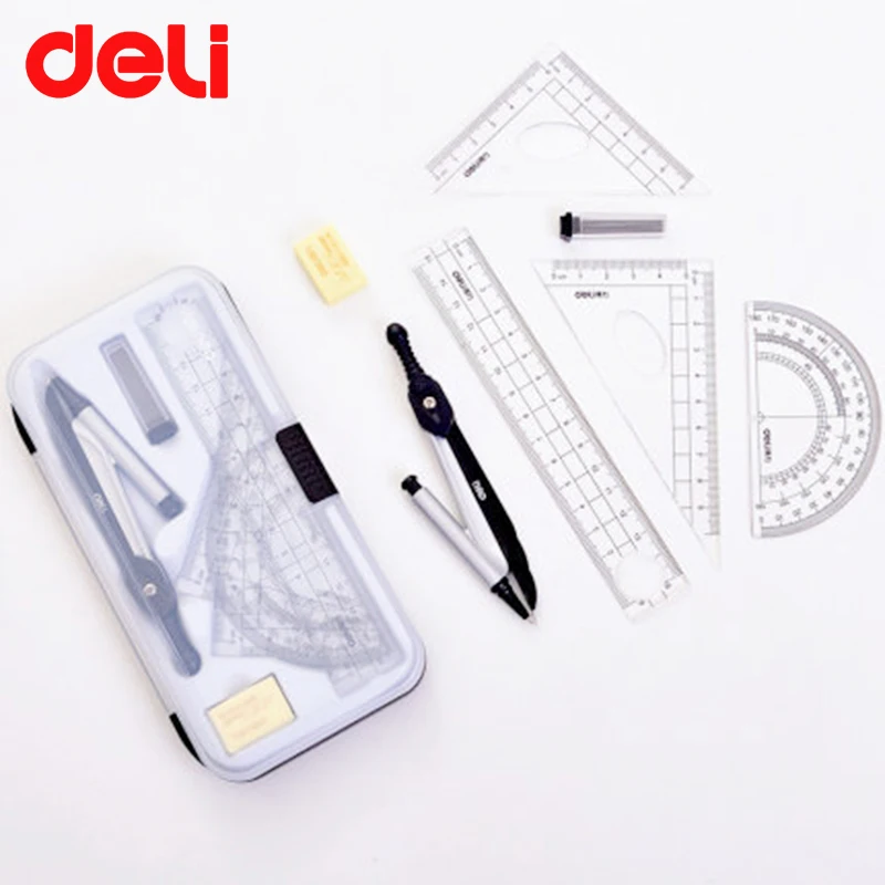 

DELI Portable Compasses Set 7/8pcs Plastic+metal Geometry Protractor Drawing School Eraser Math Eraser Ruler Students Tool Kit