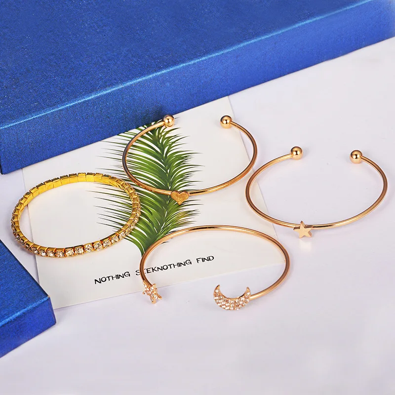 2021 New Simple and Fashionable Star and Moon Diamond Glossy Heart and Star Bangle Four-piece Set Ladies Gift Jewelry
2021 New Simple and Fashionable Star and Moon Diamond Glossy Heart and Star Bangle Four-piece Set Ladies Gift Jewelry