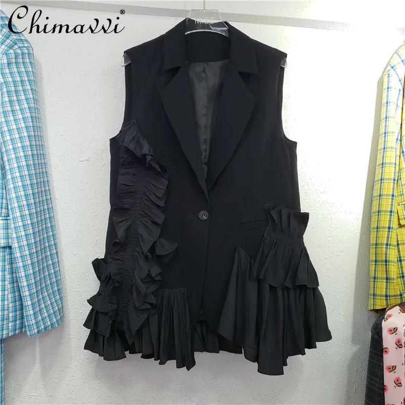Women Casual Fashion Irregular Design Ruffled Pleated Black Vest Notched Collar Single-breasted Stitching Top
Women Casual Fashion Irregular Design Ruffled Pleated Black Vest Notched Collar Single-breasted Stitching Top