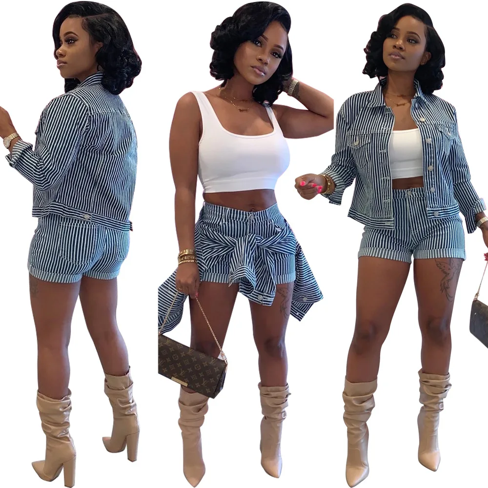 Classic Women Striped Printing Button Up Jacket Top + Shorts Wholesale Spring Office Lady 2 Piece Set Femme Tracksuit Clothing 
Classic Women Striped Printing Button Up Jacket Top + Shorts Wholesale Spring Office Lady 2 Piece Set Femme Tracksuit Clothing