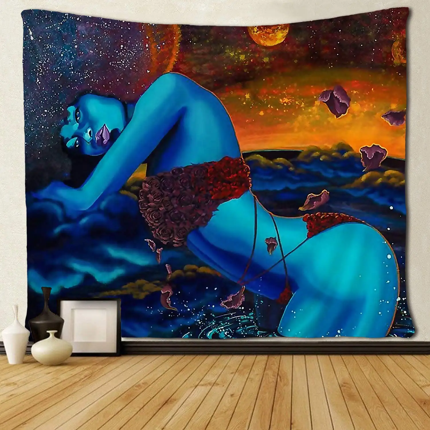 

Comic Queen African American Women Rose Bikini Galaxy Planets Tapestries Hippie Art Wall Hanging Dorm Room