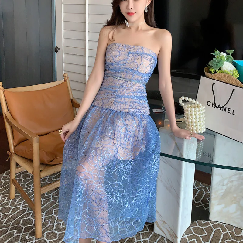 Sexy Strapless Blue Summer Dress For Women 2021 New Off Shoulder Lace Sequin Embroidery Long Dress Fashion Designer Party Dress
Sexy Strapless Blue Summer Dress For Women 2021 New Off Shoulder Lace Sequin Embroidery Long Dress Fashion Designer Party Dress