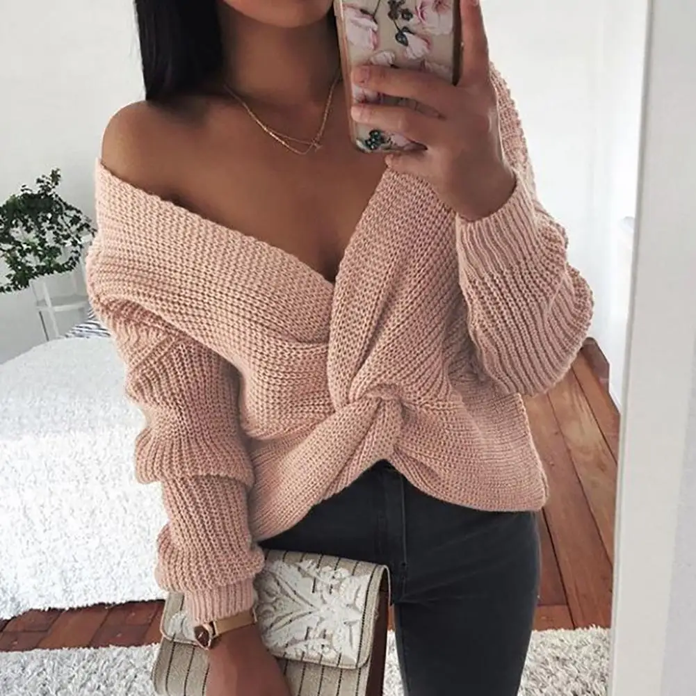 Women Knot Criss-cross V Neck Long Sleeve Loose Knitted Sweater Pullover Autumn Warm Soft Sweater 
Women Knot Criss-cross V Neck Long Sleeve Loose Knitted Sweater Pullover Autumn Warm Soft Sweater