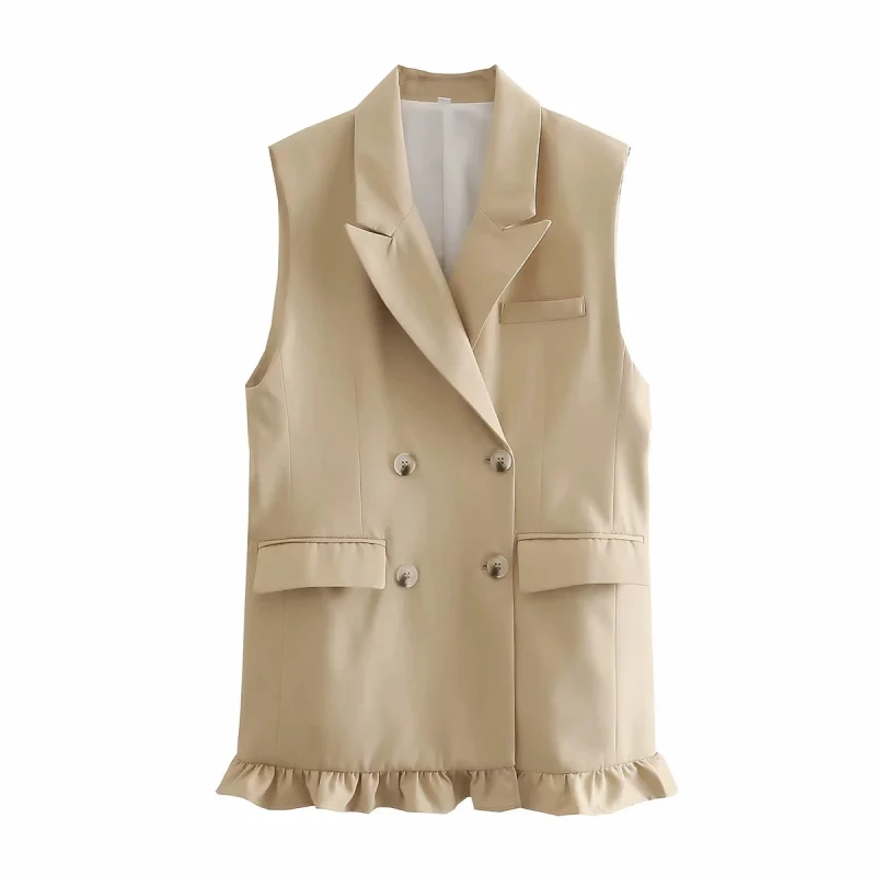 SLMD Stylish Chic Khaki Ruffles Double Breasted Vest Coat Women 2021 Fashion Pockets Waistcoat Female Casual Outfitsar | Женская одежда