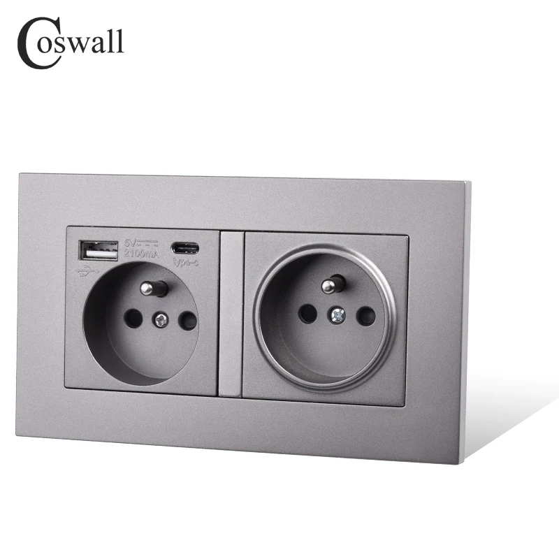 

COSWALL French Polish Standard Wall Power Socket Grounded USB Type A & Type-C Charge Port Matte Grey Gray PC Panel E20 Series