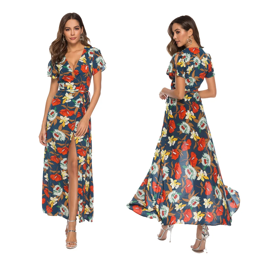 Women Short Sleeve Dress Bohemian V-neck Long Print Split Dress Chiffon Beach Dress
Women Short Sleeve Dress Bohemian V-neck Long Print Split Dress Chiffon Beach Dress