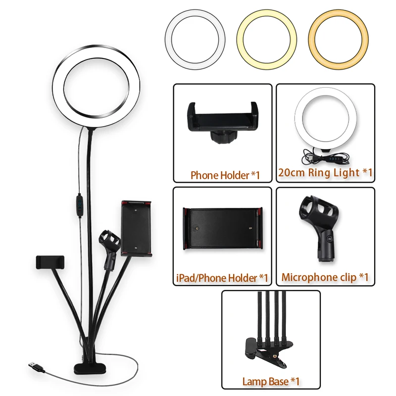 20cm/8 inch LED Selfie Ring Light with Cell Phone Holder Microphone Holder Beauty lighting for Makeup YouTube Video Live Stream
20cm/8 inch LED Selfie Ring Light with Cell Phone Holder Microphone Holder Beauty lighting for Makeup YouTube Video Live Stream