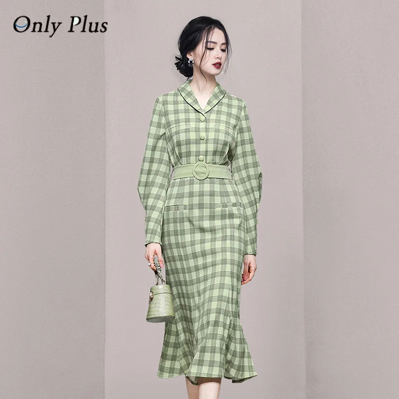 EVNISI Turn-down Collar Slim Green Plaid Dresses Lantern Sleeve Button Up Mermaid Dress Women Spring Office Lady Vestidos
EVNISI Turn-down Collar Slim Green Plaid Dresses Lantern Sleeve Button Up Mermaid Dress Women Spring Office Lady Vestidos