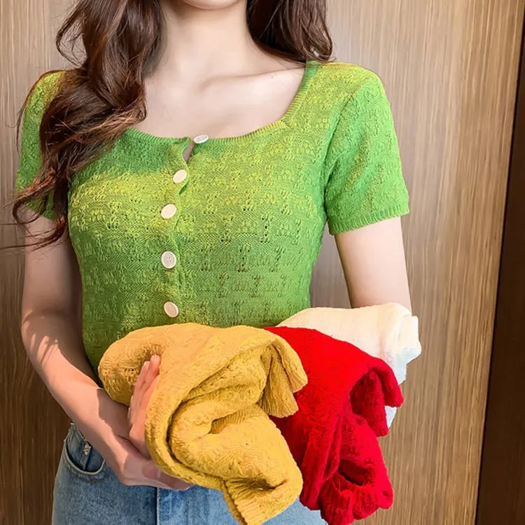 New 2020 Summer Casual Solid Multicolor Square Collar Tee Single Breasted Knitted T-shirts Women Sweaters Sexy Hollow Out Tops
New 2020 Summer Casual Solid Multicolor Square Collar Tee Single Breasted Knitted T-shirts Women Sweaters Sexy Hollow Out Tops
