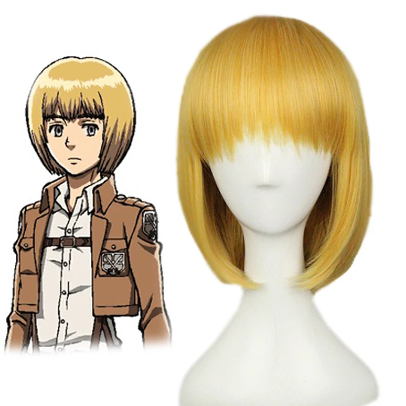 

Attack On Titan Armin Arlert Short Silky Straight Boy's Shaggy Layered Yellow Bob Synthetic Cosplay Wig+ Wig Cap