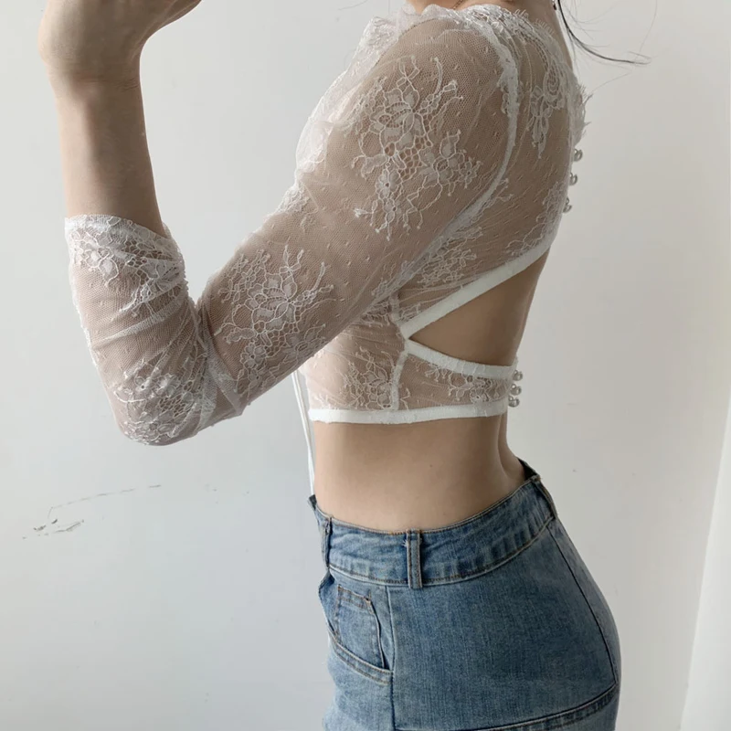 Spring Summer 2021 Long Sleeve Deep V Lace Top Women's Short Lace Up Single Breasted Top Back Hollow Sexy White Lace
Spring Summer 2021 Long Sleeve Deep V Lace Top Women's Short Lace Up Single Breasted Top Back Hollow Sexy White Lace