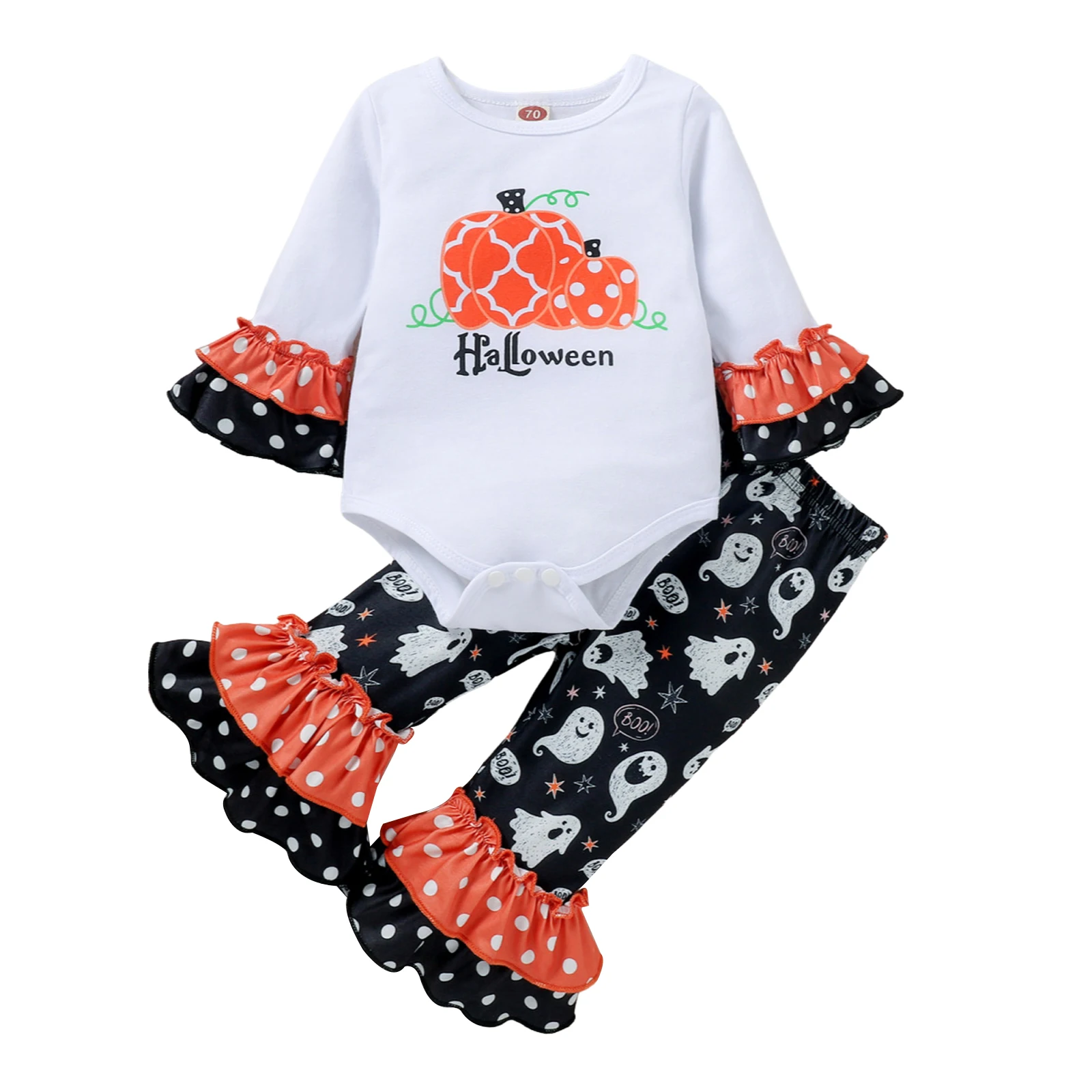 Baby Girl Halloween Clothes Outfits Set Pumpkin Print Ruffle Long Sleeve Romper Top and Flare Pants 2pcs
Baby Girl Halloween Clothes Outfits Set Pumpkin Print Ruffle Long Sleeve Romper Top and Flare Pants 2pcs
