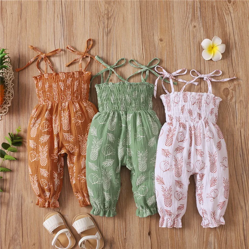 

Baby Girls Pineapple Print Romper Girls Tie Up Sling Jumpsuits Pants Summer Infant Newborn Cute Casual Summer Clothes 3 Colors
