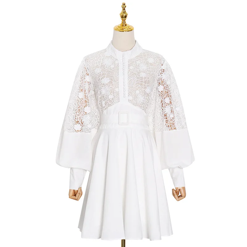 Tide new fashion temperament stand collar lantern sleeve design sexy lace perspective short dress
Tide new fashion temperament stand collar lantern sleeve design sexy lace perspective short dress