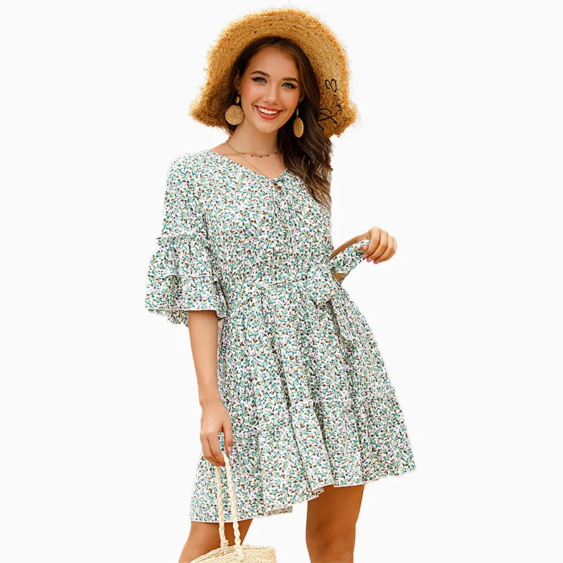 New European and American summer flower V-neck flared middle sleeve tie wooden ear edge dress woman dress for women
New European and American summer flower V-neck flared middle sleeve tie wooden ear edge dress woman dress for women