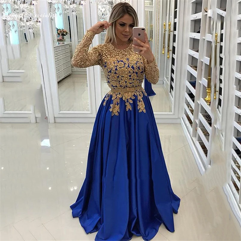 Royal Blue Evening Dresses Formal Gowns Gold Lace Appliques Beaded Long Sleeve A-Line Satin Prom Party Dress Robe De Soiree
Royal Blue Evening Dresses Formal Gowns Gold Lace Appliques Beaded Long Sleeve A-Line Satin Prom Party Dress Robe De Soiree