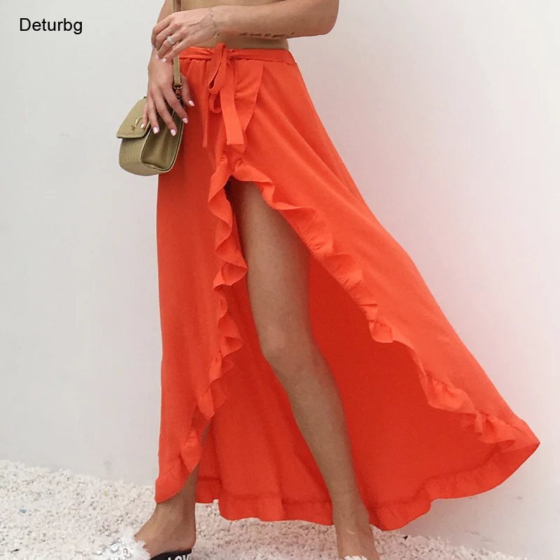 Women's Sexy Front Cross Splits Maxi Skirt Female Elegant High Waist Lace-up Ruffled Chiffon Beach Skirts Faldas Summer Sk886
Women's Sexy Front Cross Splits Maxi Skirt Female Elegant High Waist Lace-up Ruffled Chiffon Beach Skirts Faldas Summer Sk886