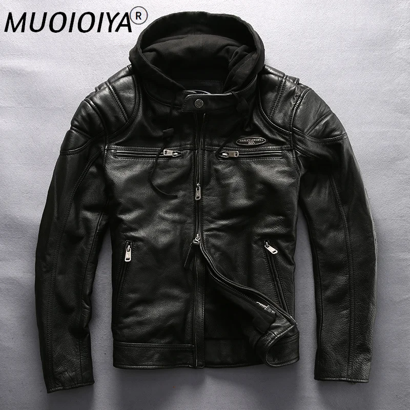 

2021 New Men Black Hooded Motorcycle Leatehr Jacket Fashion Long style Thick Cowhide Riding Biker Jackets Russia Winter Coats