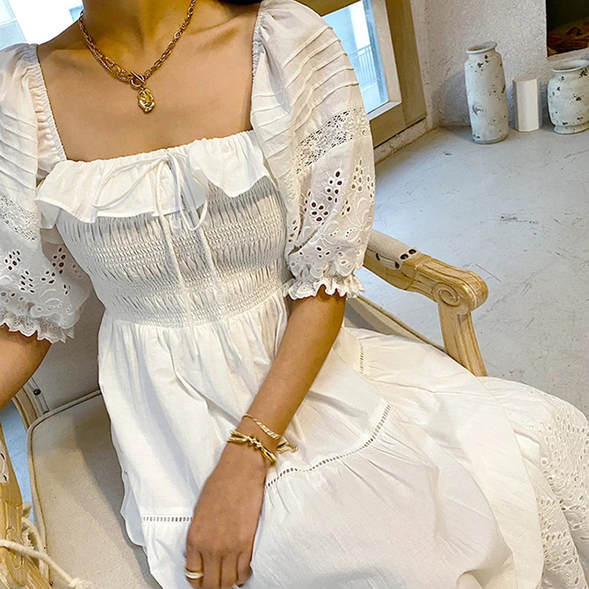 Hollow Out Embroidery Patchwork Dress Summer Puff Sleeves Square Collar Vintage Long Dresses Women Casual Boho Beach Vestidos
Hollow Out Embroidery Patchwork Dress Summer Puff Sleeves Square Collar Vintage Long Dresses Women Casual Boho Beach Vestidos