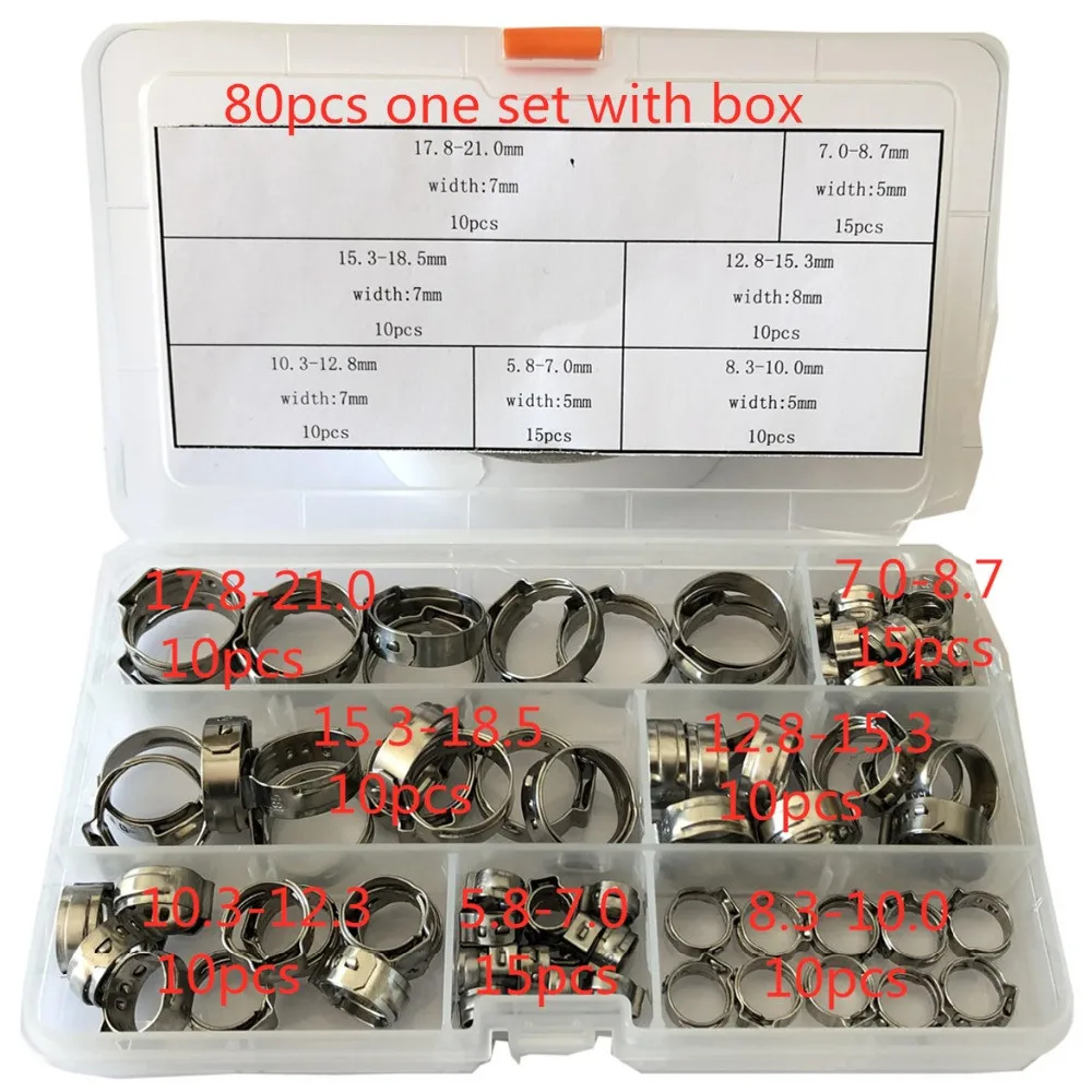 Free shipping Pipe Clamp High Quality 80Pcs one set 304 Stainless Steel Single Ear Stepless Hose Clamps Assortment Kit
Free shipping Pipe Clamp High Quality 80Pcs one set 304 Stainless Steel Single Ear Stepless Hose Clamps Assortment Kit