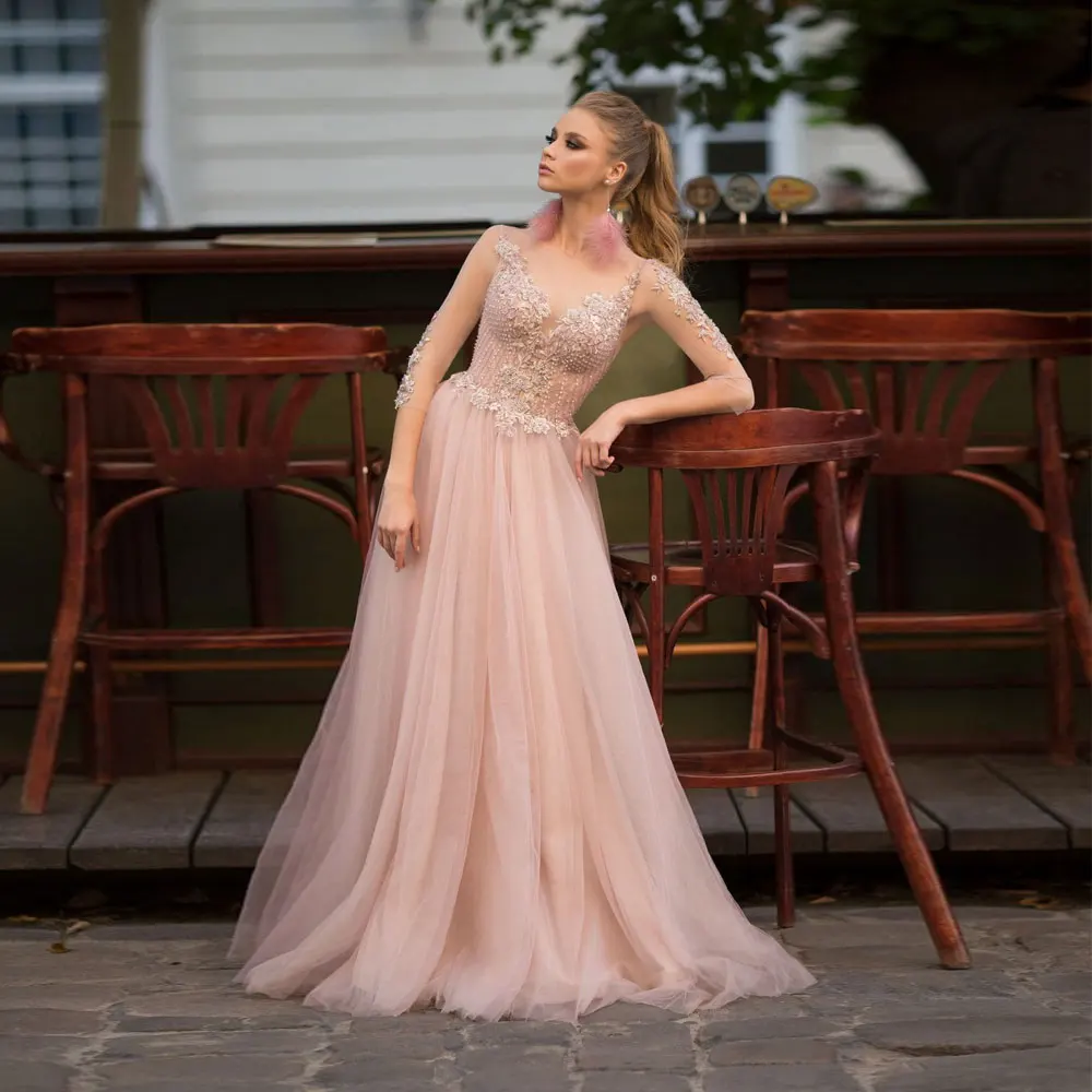 Sweep/Brush Beading Pink A-line 2021 Evening Dresses Net/Tulle V-neck Floor length Beading Beads cApplique Banbage Button 
Sweep/Brush Beading Pink A-line 2021 Evening Dresses Net/Tulle V-neck Floor length Beading Beads cApplique Banbage Button