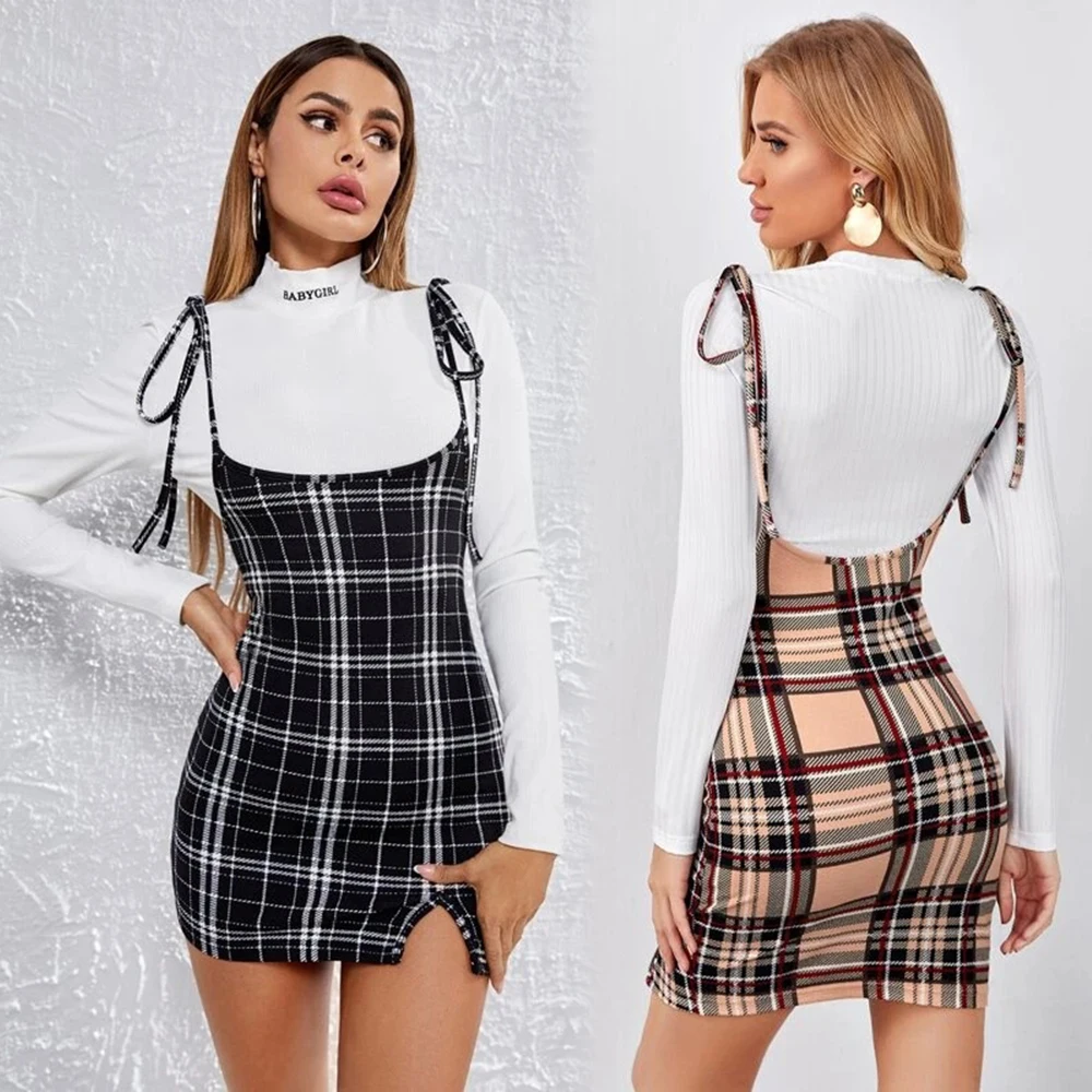 Winter Bodycon Mini Dresses Knot Shoulder Split Hem Plaid Overall Dress 
Winter Bodycon Mini Dresses Knot Shoulder Split Hem Plaid Overall Dress