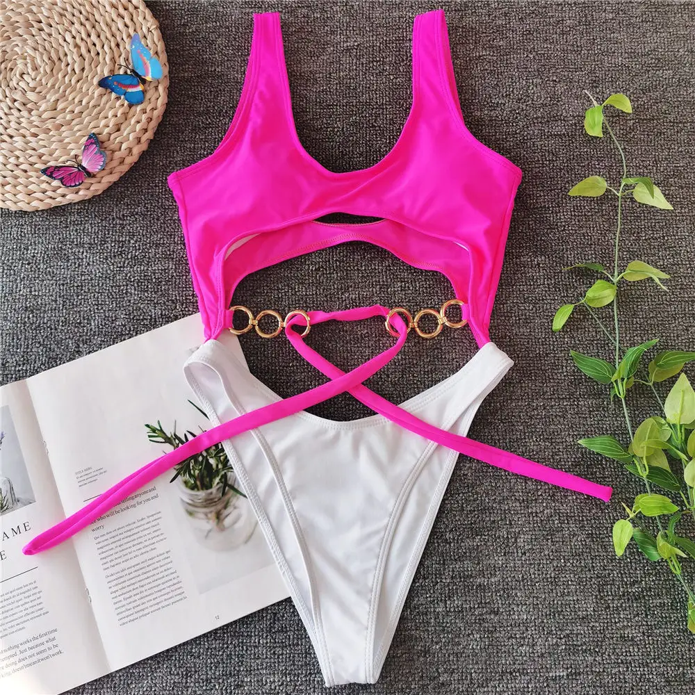 Solid Stitching One-piece Swimsuit Sexy Patchwork Chain Belt Solid Color Bikini Women Hollow-out Bandage Swimwear Bathing Suits
Solid Stitching One-piece Swimsuit Sexy Patchwork Chain Belt Solid Color Bikini Women Hollow-out Bandage Swimwear Bathing Suits