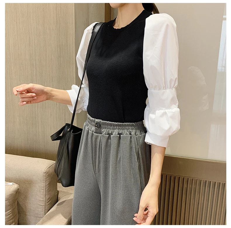 O-neck Sweater Pullover Women Patchwork Three Quarters Puff Sleeve Sweater Shirts Sweet Knitted Tops For Girls
O-neck Sweater Pullover Women Patchwork Three Quarters Puff Sleeve Sweater Shirts Sweet Knitted Tops For Girls