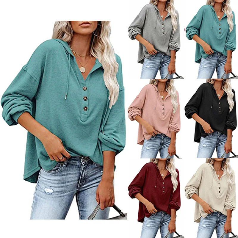 Europe and the United States autumn and winter new ladies solid color loose casual hooded half open buttoned long-sleeved blouse
Europe and the United States autumn and winter new ladies solid color loose casual hooded half open buttoned long-sleeved blouse