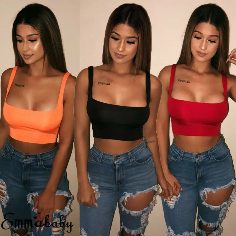 

New Sexy Women Solid Strappy Tank Vest Crop Top Summer Beach Party Sleeveless Slash Neck Tanks Woman Girls Bralette Tank Top