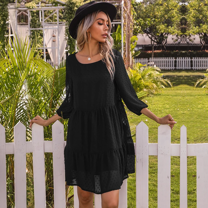 Spring Women's Solid Color Round Neck Stitching Lace See-Through Tace Three-Quarter Sleeve Pleated Dress, Loose and Light Mature
Spring Women's Solid Color Round Neck Stitching Lace See-Through Tace Three-Quarter Sleeve Pleated Dress, Loose and Light Mature