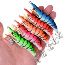 5pcs Luminous Squid Jig Fishing Wood Shrimp Lure Squid Cuttlefish Jigs Lures Spinnerbait Wood Shrimp with 2.5#-3.0# Hook