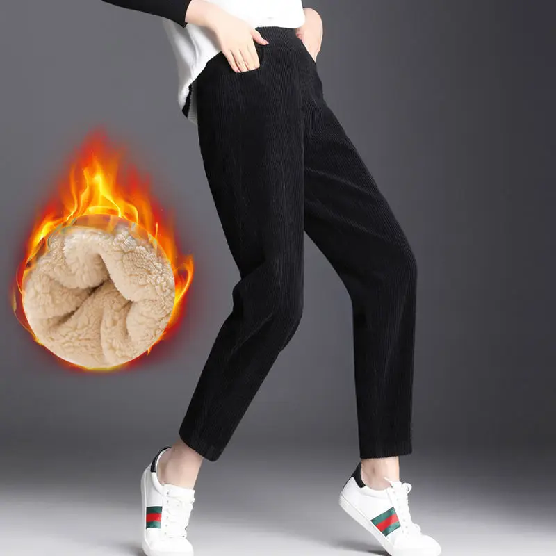 Autumn Winter Corduroy Padded Warm Pants Womens Fashion Stretch High Waist Ladies Thick Casual Harem Pants Solid Color Black
Autumn Winter Corduroy Padded Warm Pants Womens Fashion Stretch High Waist Ladies Thick Casual Harem Pants Solid Color Black