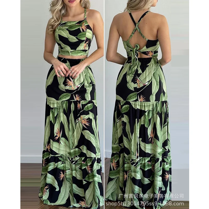 WEPBEL Summer Women Elegant Fashion 2 Piece Outfits Set Sexy Halter Crop Top + Print High Waist Long Pleated Skirt Dress Set 
WEPBEL Summer Women Elegant Fashion 2 Piece Outfits Set Sexy Halter Crop Top + Print High Waist Long Pleated Skirt Dress Set