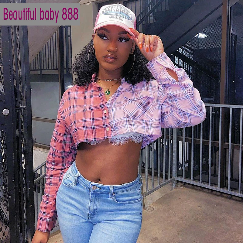 Женский короткий топ в клетку, с длинным рукавом, в стиле колледжа 
Женский короткий топ в клетку, с длинным рукавом, в стиле колледжа