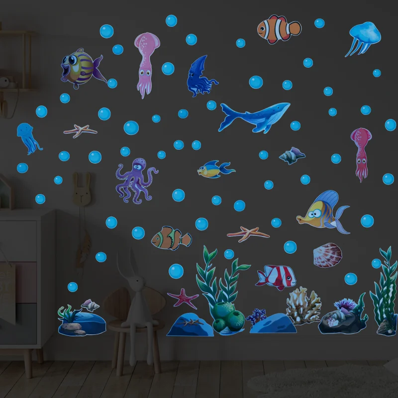 

3D Luminous Marine Life Wall Stickers Fluorescent Home Decor Decals For Kids Room Decoration Glow In The Dark Fish