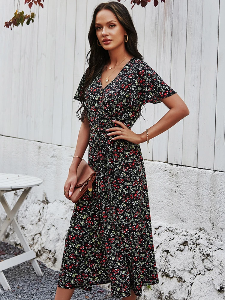 Women Summer Floral Print Front Split Dress 2021 Spring Casual V-Neck Short Sleeve Lace Up Holiday Ladies Button Up Long Dress
Women Summer Floral Print Front Split Dress 2021 Spring Casual V-Neck Short Sleeve Lace Up Holiday Ladies Button Up Long Dress
