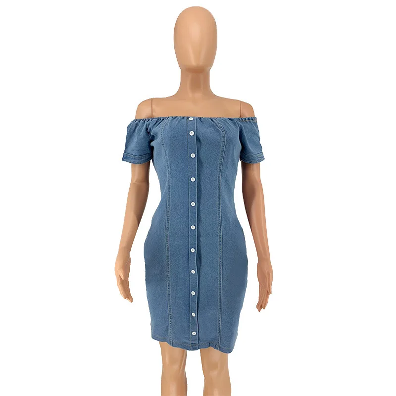Summer tight sexy one-shoulder short denim dress Women's dress Single breasted dress
Summer tight sexy one-shoulder short denim dress Women's dress Single breasted dress