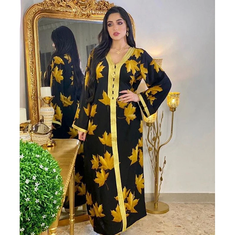 Muslim Fashion Maxi Dress Women Loose Causal Leaf Print Long Sleeve V-neck Abaya Long Dress Lugentolo
Muslim Fashion Maxi Dress Women Loose Causal Leaf Print Long Sleeve V-neck Abaya Long Dress Lugentolo