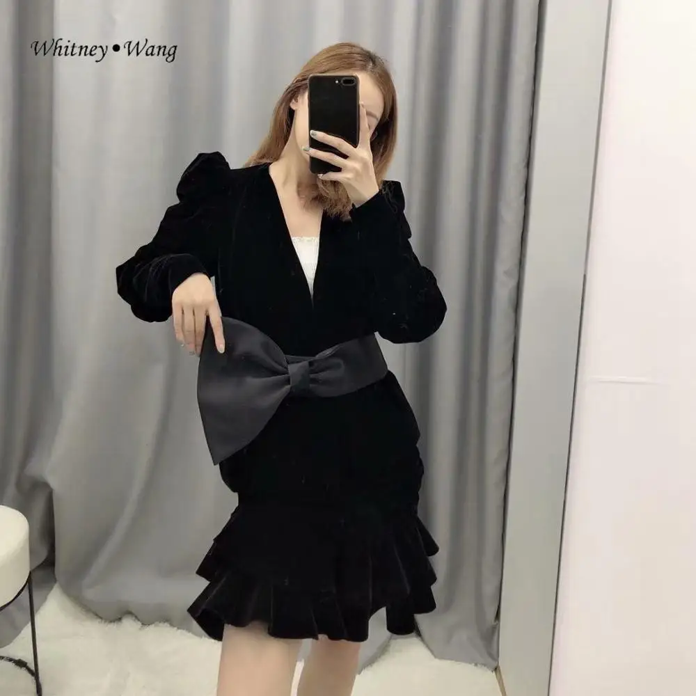 WHITNEY WANG 2019 осень зима модная уличная одежда большой бант пояса бархатная куртка