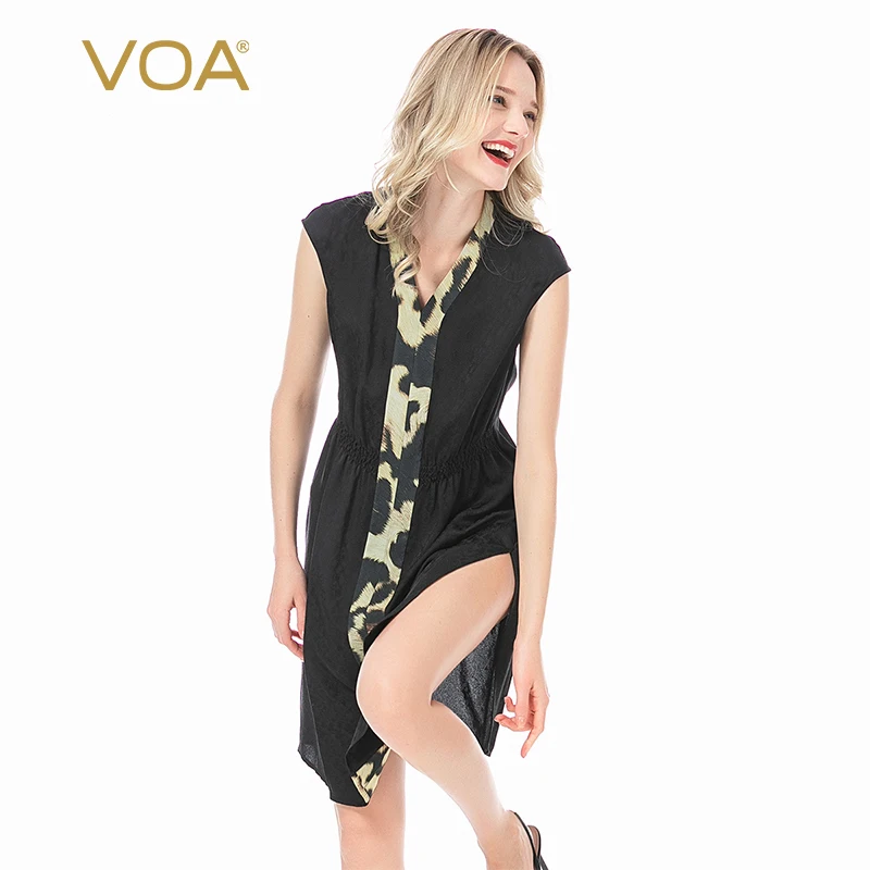 

VOA шелк 22 в Miehei ti hua bao плечо с коротким рукавом v-образным вырезом Печатный жоржет сплайсинга эластичный пояс разрез платье A79