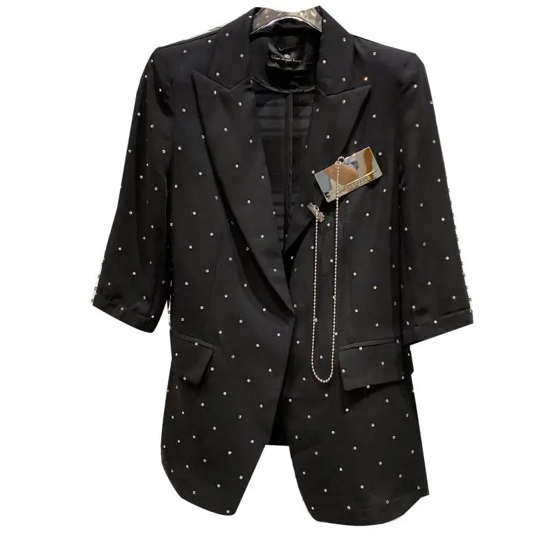 2021 Summer New Starry Hot Rhinestone Chain Iron Brand Decoration Mid-Sleeve Suit Suit Coat for Women
2021 Summer New Starry Hot Rhinestone Chain Iron Brand Decoration Mid-Sleeve Suit Suit Coat for Women
