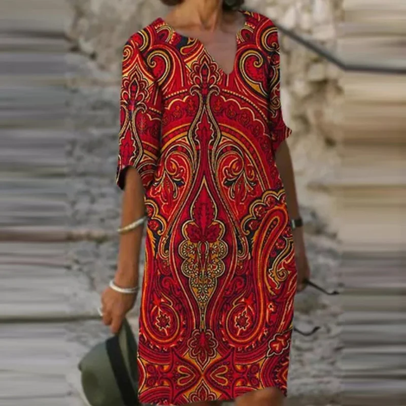 Fashion Casual V-neck Sexy Retro Print Ladies Casual Mid-length Shirt Dress Large Size Loose Temperament Mid-sleeve Dress 2021
Fashion Casual V-neck Sexy Retro Print Ladies Casual Mid-length Shirt Dress Large Size Loose Temperament Mid-sleeve Dress 2021