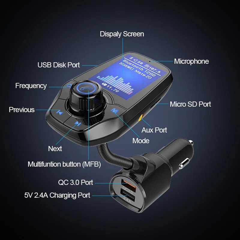 Big Screen Dual USB FM Transmitter Aux Modulator Bluetooth Car MP3 player Quick Charge 3.0 Charger Kit Fast Phone | Мобильные